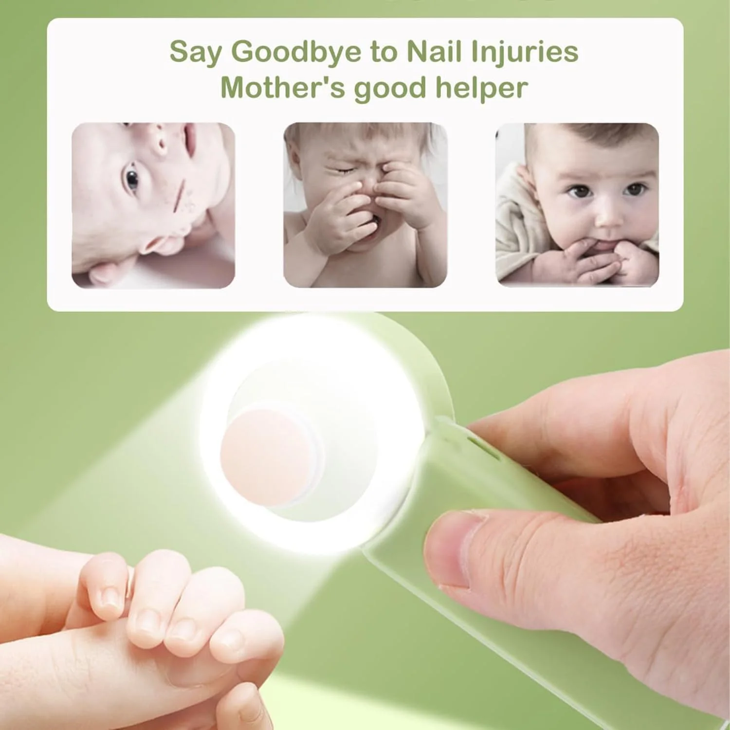ست سوهان ناخن برقی کودک، ایمن، آسان و قابل شارژ، سوهان ناخن کودک، ماشین اصلاح ناخن کودک، دارای چراغ LED حلقوی، 6 پد سوهان، ایده آل برای نوزادان، کودکان نوپا، ناخن های دست/پای کودکان (سوهان سبز)