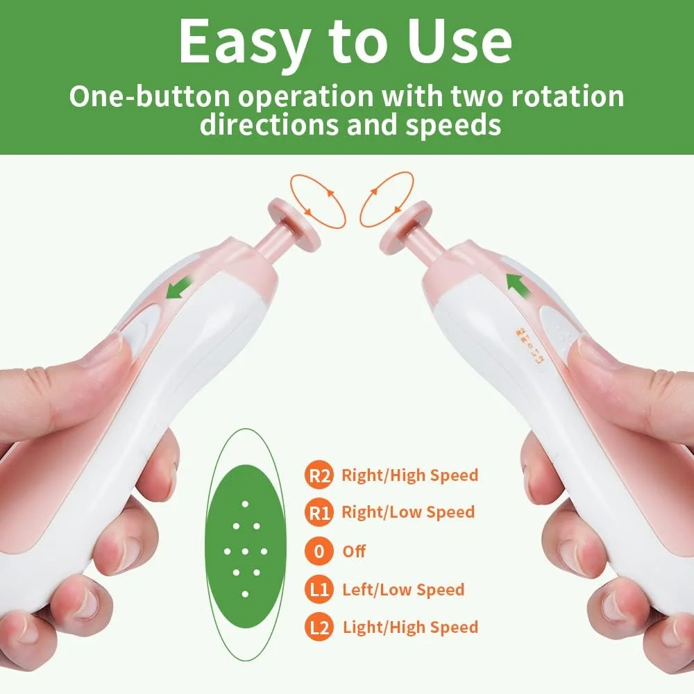 ست سوهان ناخن برقی کودک هاآکا با پدهای تعویضی، ست ایمن برای مراقبت از ناخن نوزاد، کودک نوپا و بزرگسال، فوق العاده کم صدا با چراغ LED