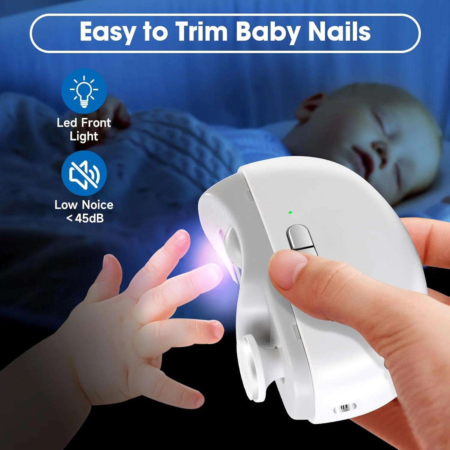 ناخن گیر برقی کودک - سوهان ناخن، پولیش و محفظه نگهداری ناخن 3 در 1 با LED، سوهان ناخن اضافی، قابل شارژ با USB و 2 سرعت برای نوزاد، کودک، بزرگسال، سالمند و مراقبان