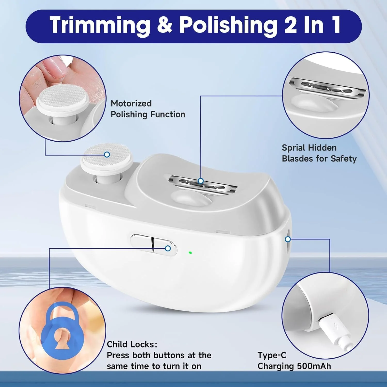 ناخن گیر برقی کودک با چراغ LED، سوهان و مرتب کننده ناخن ایمن و اتوماتیک 2 در 1 با محفظه جمع آوری خرده ناخن برای نوزاد، کودک، بزرگسال، سالمند، 2 سرعت، قابل شارژ با USB، سفید