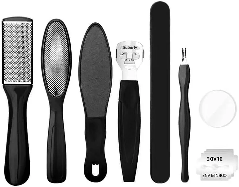 ست مراقبت از پا پلاستیکی مشکی - ابزارهای سطح فلزی ممتاز برای از بین بردن آسان پینه، مناسب برای پاهای خشک و مرطوب، سوهان های فولادی ضد زنگ - بهترین ست پدیکور مراقبت از پا (مشکی)