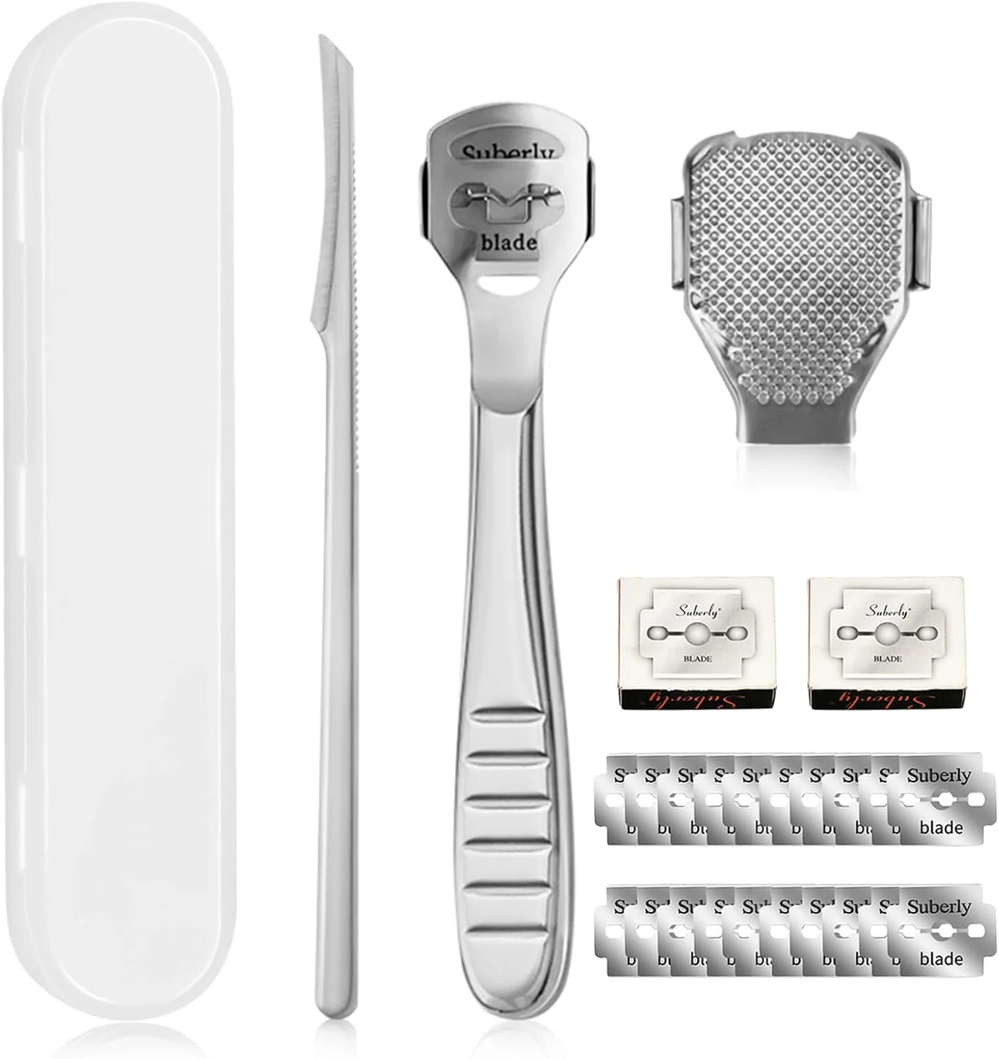 ست سوهان پدیکور پا STAYOUNG - خراشنده پا 2 در 1، با 20 تیغه تعویضی، ابزار فولاد ضد زنگ، برای پوست مرده، پینه، پاشنه ترک خورده، پوست سخت (نقره ای)