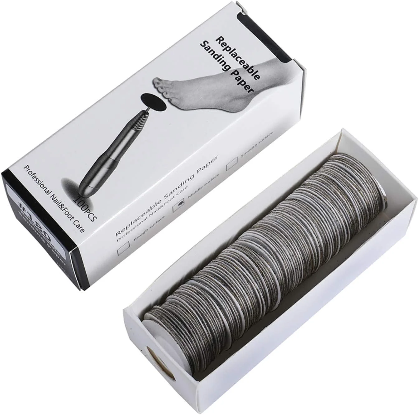 دیسک های سمباده ای جایگزین NMKL38، بسته 100 عددی، پدهای دیسک سمباده ای خود چسب برای ابزار سوهان برقی پا، از بین برنده پینه (#180)