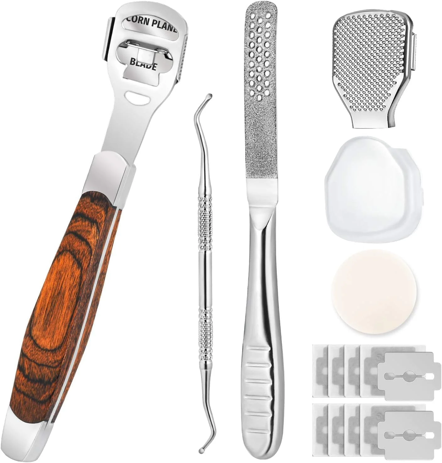 مجموعه رنده پینه پا، رنده حرفه ای استیل ضد زنگ از بین برنده پینه پا برای مراقبت از پا و دست به همراه سوهان پا، 10 عدد تیغه، سر سوهان پا و محفظه نگهداری پوست مرده