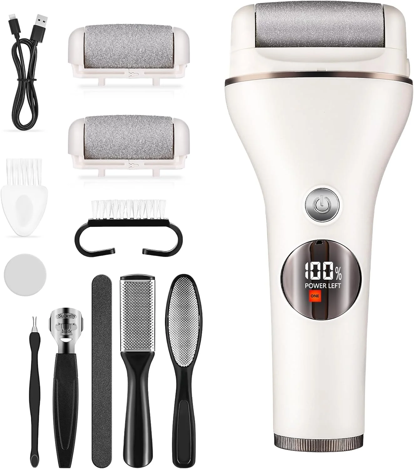 سوهان برقی پا، دستگاه شارژی ضدآب از بین برنده پینه پا با 3 غلتک، 2 سرعت و نمایشگر باتری، ابزار حرفه ای پدیکور برای پوست های خشک، ترک خورده و مرده