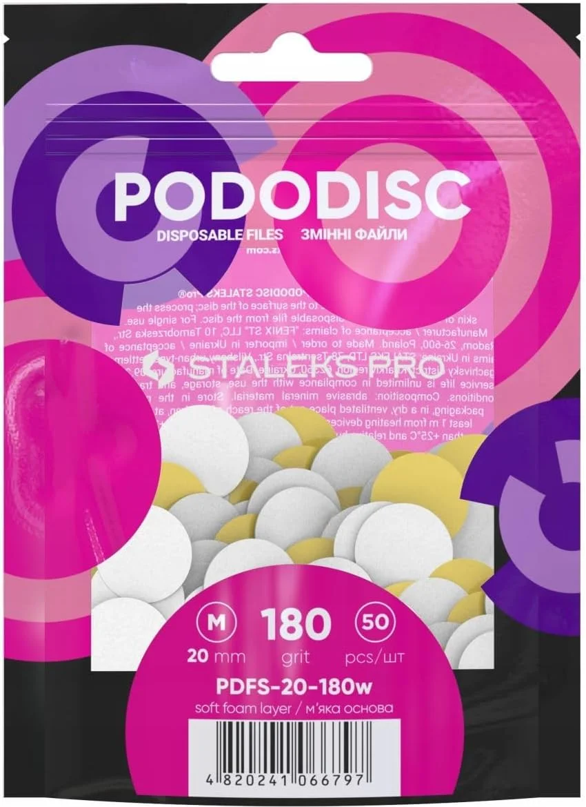 ست دیسک پدیکور Staleks، 50 عدد، درجه زبری 180، سوهان های یکبار مصرف با پشتی فوم نرم، سفید