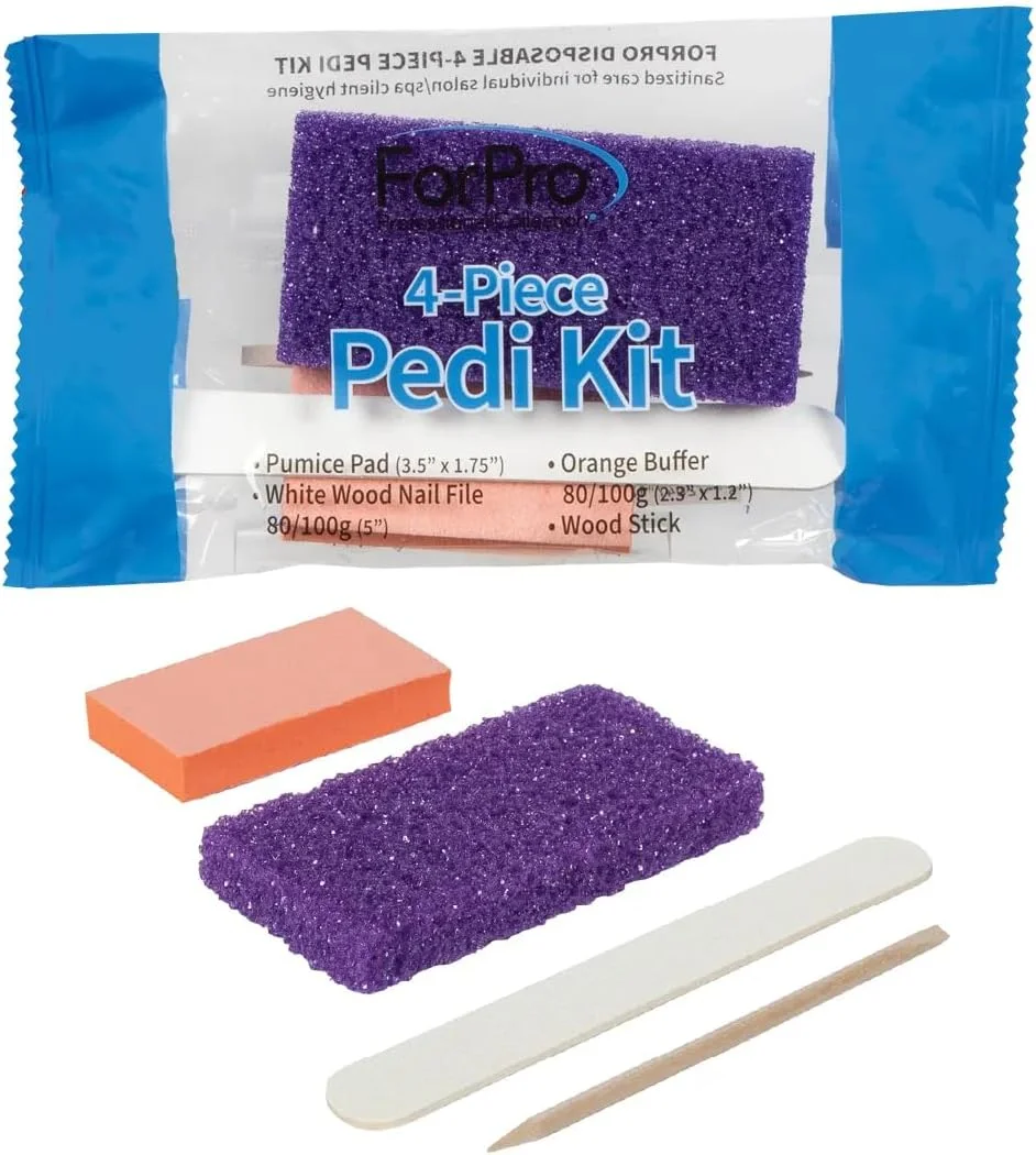 ست پدیکور 4 تکه ForPro، 100 عددی، مجموعه پدیکور بسته بندی شده به صورت جداگانه، پد سنگ پا بنفش، سوهان ناخن چوبی سفید درجه 80/100، بافر کوچک نارنجی درجه 80/100، چوب چوبی