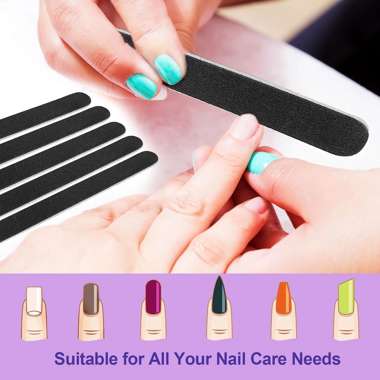سوهان ناخن سمباده ای (بسته 100 عددی)، سوهان چوبی درجه زبری 100/180 برای ناخن های طبیعی، ست ابزار مانیکور سوهان سمباده ای 7 اینچی، سوهان ناخن یکبار مصرف برای سالن خانگی، مشکی
