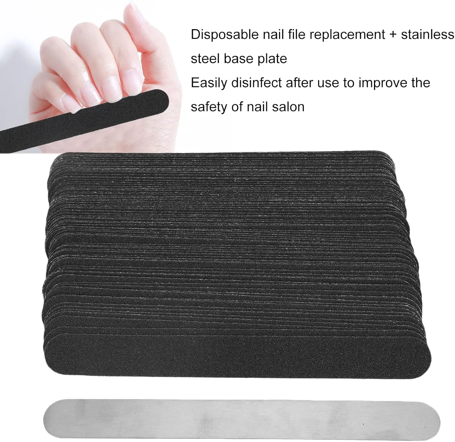 سوهان ناخن چندبار مصرف، سوهان ناخن استیل ضد زنگ با صفحه پایه استیل ضد زنگ چندبار مصرف، کیت نوار سوهان ناخن جایگزین 100 عددی برای شکل دادن به هنر ناخن، #811