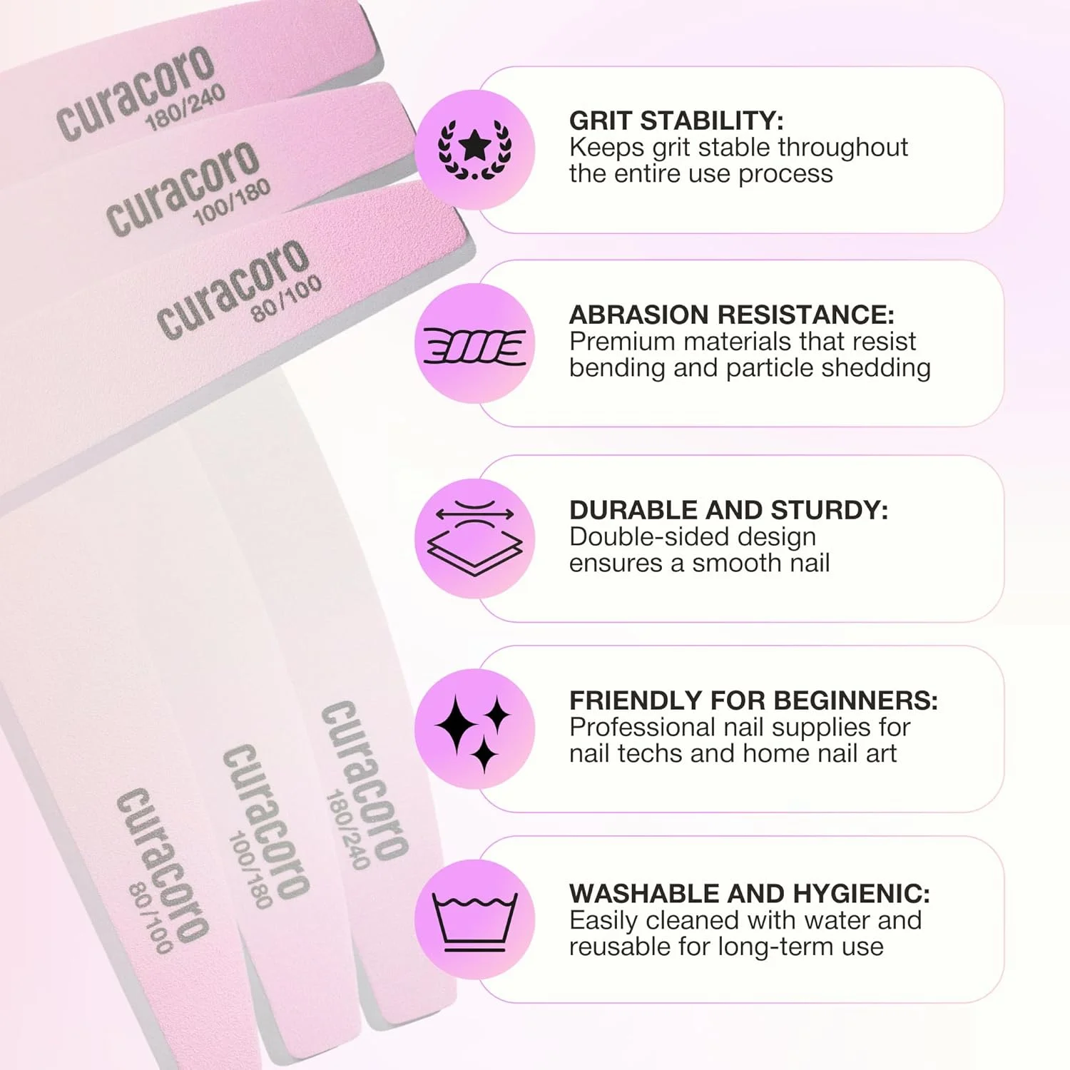 سوهان ناخن 10 عددی Curacoro - سوهان ناخن هلالی حرفه ای دو طرفه (دانه بندی 180/240)، سوهان ناخن و بافر قابل شستشو، صاف و شکل دهنده ناخن ها، ابزار پرداخت مانیکور و پدیکور