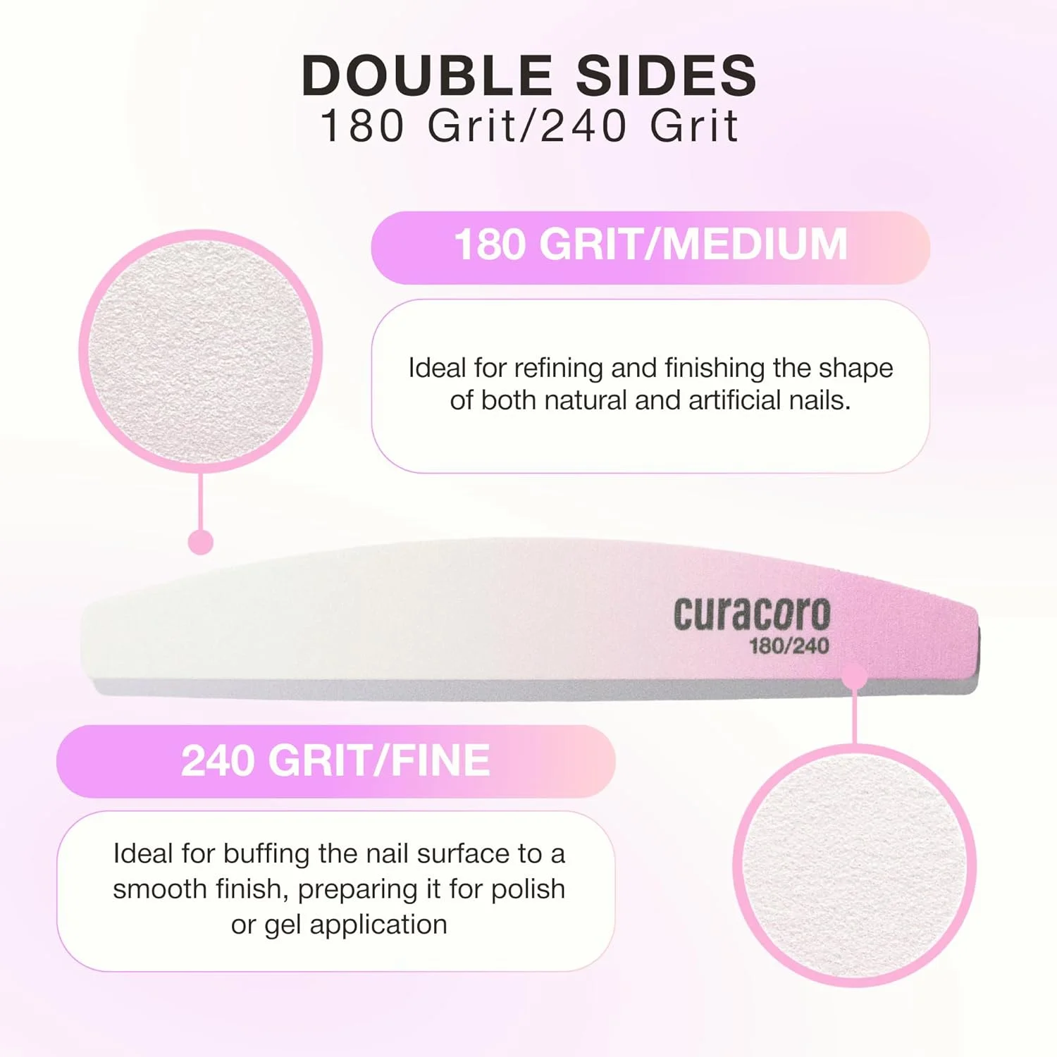 سوهان ناخن 10 عددی Curacoro - سوهان ناخن هلالی حرفه ای دو طرفه (دانه بندی 180/240)، سوهان ناخن و بافر قابل شستشو، صاف و شکل دهنده ناخن ها، ابزار پرداخت مانیکور و پدیکور