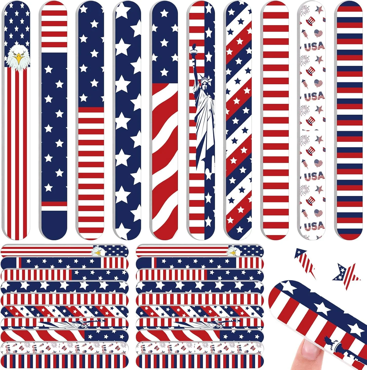 بسته 60 عددی سوهان ناخن با طرح روز استقلال، هدیه برای بانوان، طرح پرچم آمریکا، سوهان دو طرفه با درجه زبری 180، ابزار حرفه ای مانیکور