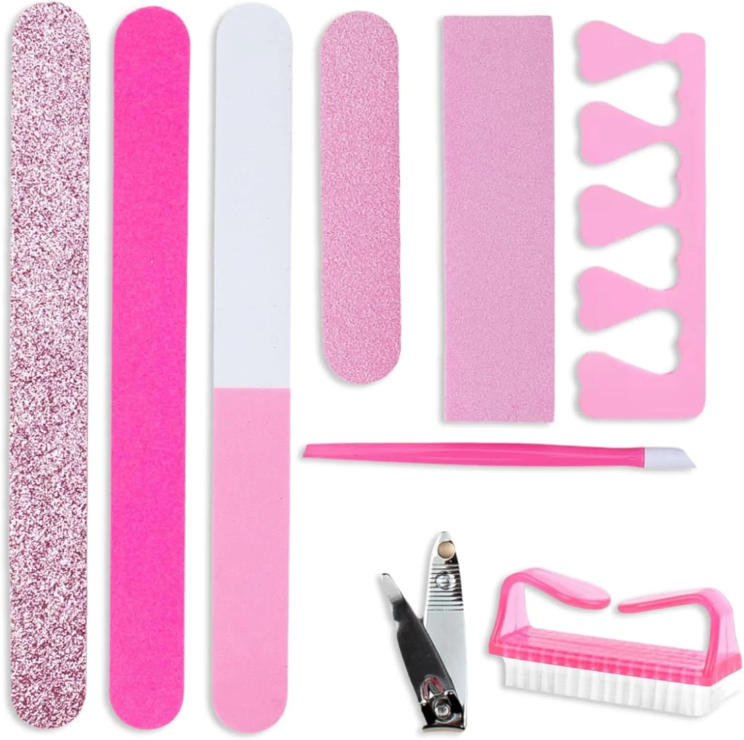 ست ۹ عددی ابزار مانیکور، سوهان و بافر ناخن، سمباده و پولیش، ست ۹ تکه نوار سمباده، نوار پولیش، ست اسفنجی صورتی