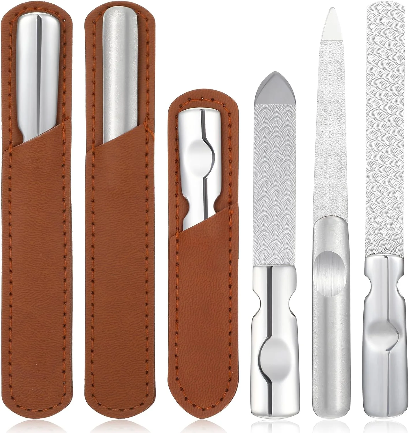 سوهان ناخن در 3 سایز با کیف چرمی، ست سوهان استیل دو طرفه، ابزار مانیکور با نوک تیز، سوهان حرفه ای خمیده برای ناخن های طبیعی، مناسب مسافرت، منزل و سالن