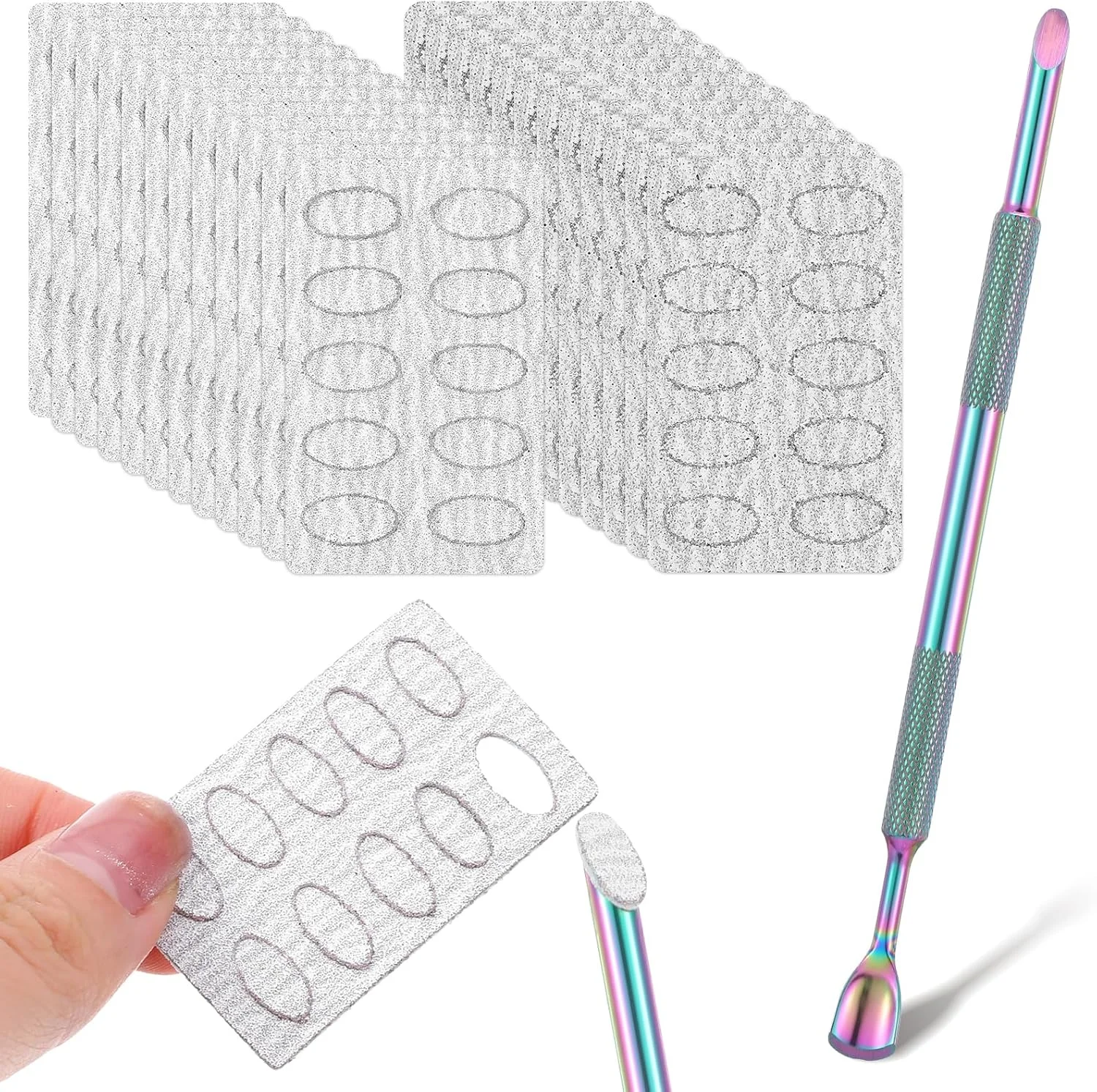 ابزار دو طرفه عقب زننده کوتیکول ناخن و 100 عدد ورق سمباده خود چسب، عقب زننده ناخن استیل ضد زنگ با سرهای مورب، سمباده پیش از پولیش برای از بین بردن کراتین ناخن