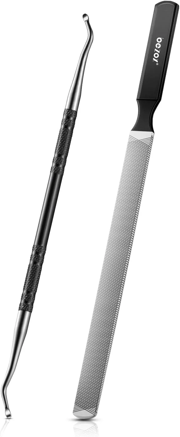 سوهان ناخن فلزی بلند BEZOX، سوهان ناخن انگشت از جنس استیل ضد زنگ برای ناخن های ضخیم و قارچی به همراه ابزار دو طرفه برای بلند کردن ناخن پا - ابزار نهایی مانیکور و پدیکور برای مراقبت از ناخن آقایان و بانوان - مشکی