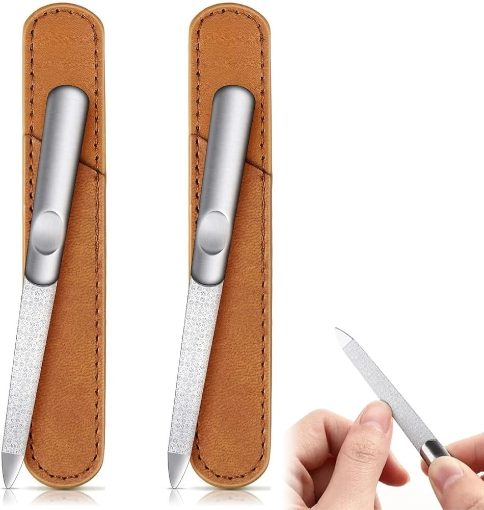 سوهان ناخن، سوهان ناخن شیشه ای، ناخن های طبیعی، بسته 2 عددی، سوهان ناخن دو طرفه حرفه ای، با دسته ضد لغزش، نوک تمیز کننده و کیف چرمی