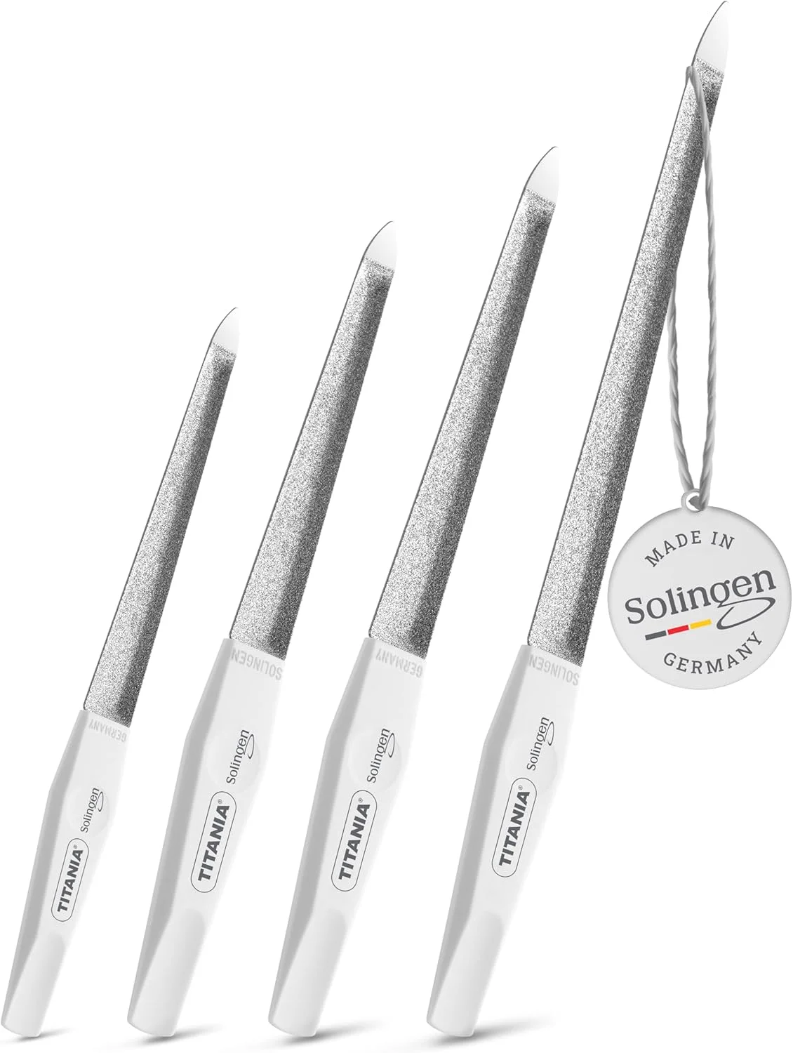 مجموعه سوهان ناخن یاقوت کبود TITANIA® Solinger - 4 سوهان ناخن حرفه ای دو طرفه (12/15/17/20 سانتی متر) با دسته سفید - مناسب برای شکل طبیعی ناخن - برای مانیکور و پدیکور