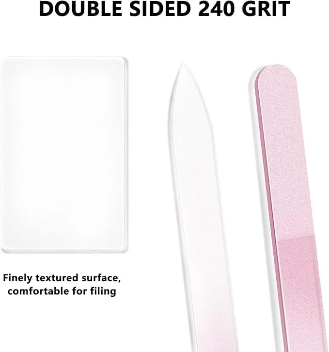 سوهان ناخن شیشه ای دو طرفه، سوهان ناخن کریستالی با کیف، مانیکور و مراقبت از ناخن برای زنان و دختران، صورتی، سبز، آبی (دانه بندی 240، بسته 3 عددی)