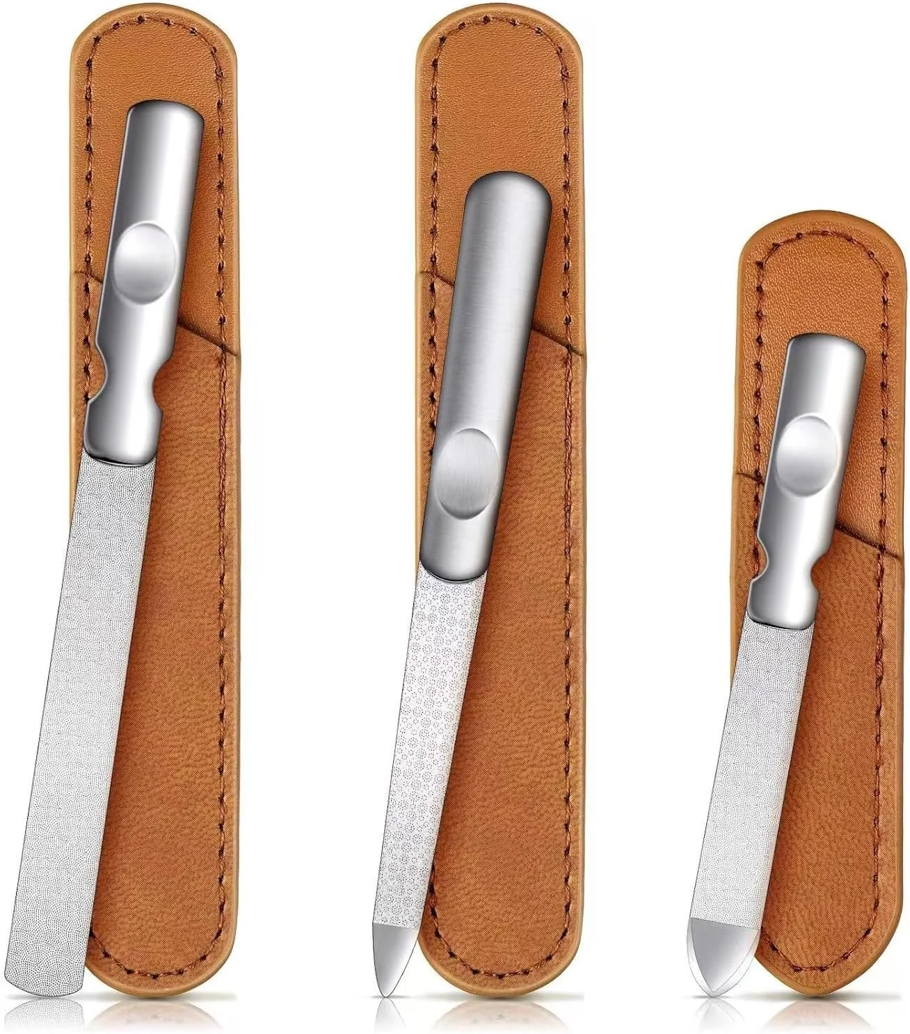 مجموعه 3 سوهان ناخن، سوهان ناخن دو طرفه استیل ضد زنگ با دسته ضد لغزش، کیف چرمی، سوهان ناخن طبیعی برای مانیکور، پدیکور، کوتاه کردن، شکل دادن، نوک تمیز کننده برای زنان و مردان