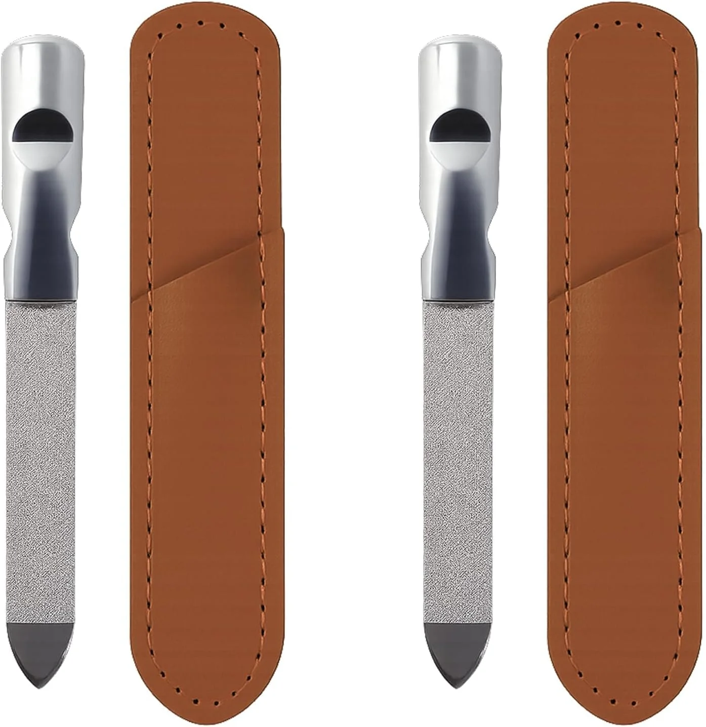 ست دو عددی سوهان ناخن دو طرفه استیل ضد زنگ برای بانوان و آقایان، ابزار بادوام و قابل استفاده مجدد مانیکور و پدیکور برای ناخن های طبیعی، دسته ضد لغزش با کیف چرمی، ایده آل برای منزل، سالن و مسافرت