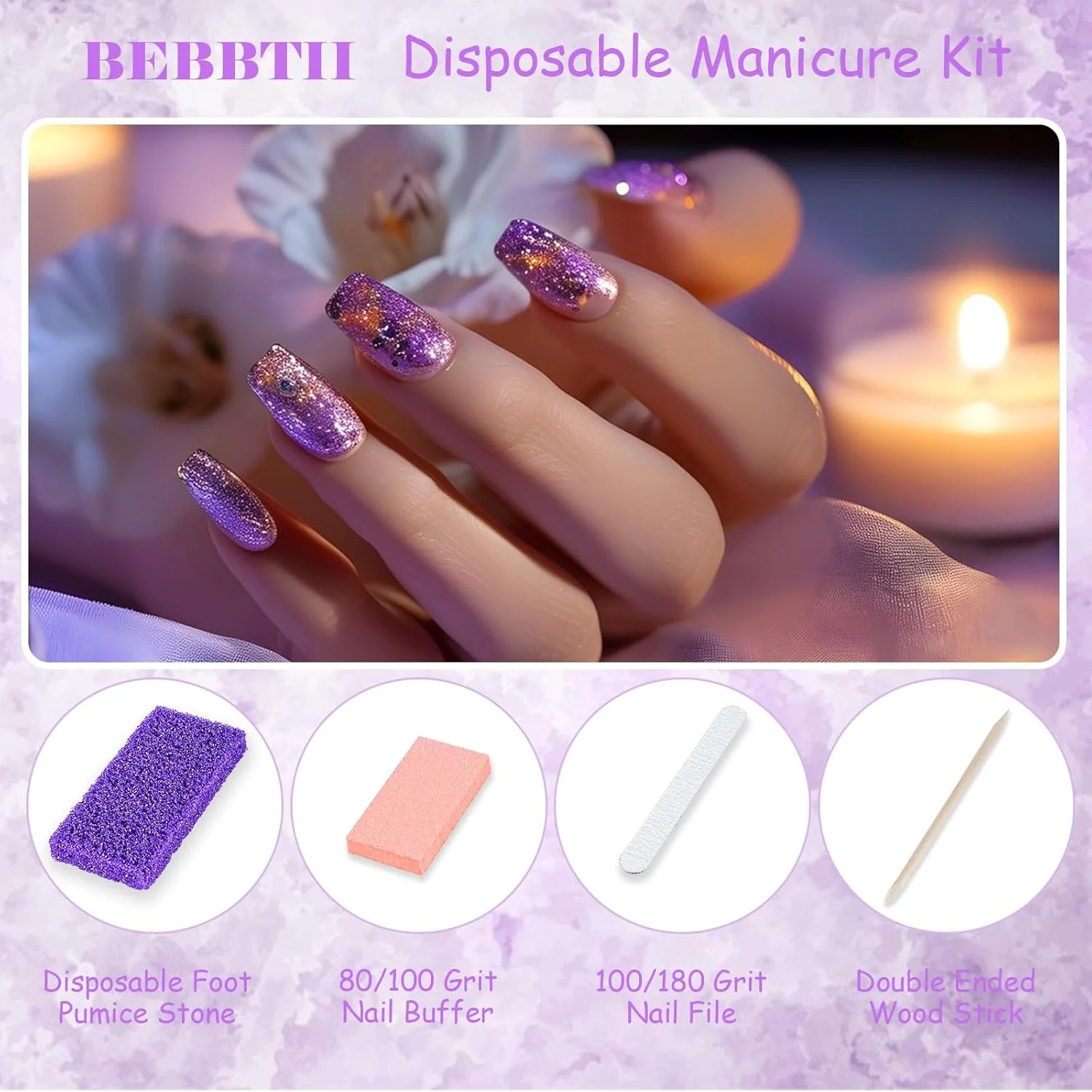 ست پدیکور یکبار مصرف 4 در 1، کیت حرفه ای مانیکور پدیکور برای سالن های ناخن، سوهان ناخن، پد سنگ پا، مینی پولیشینگ بلاک، چوب های چوبی (تکه، 20، درجه زبری 80/100)