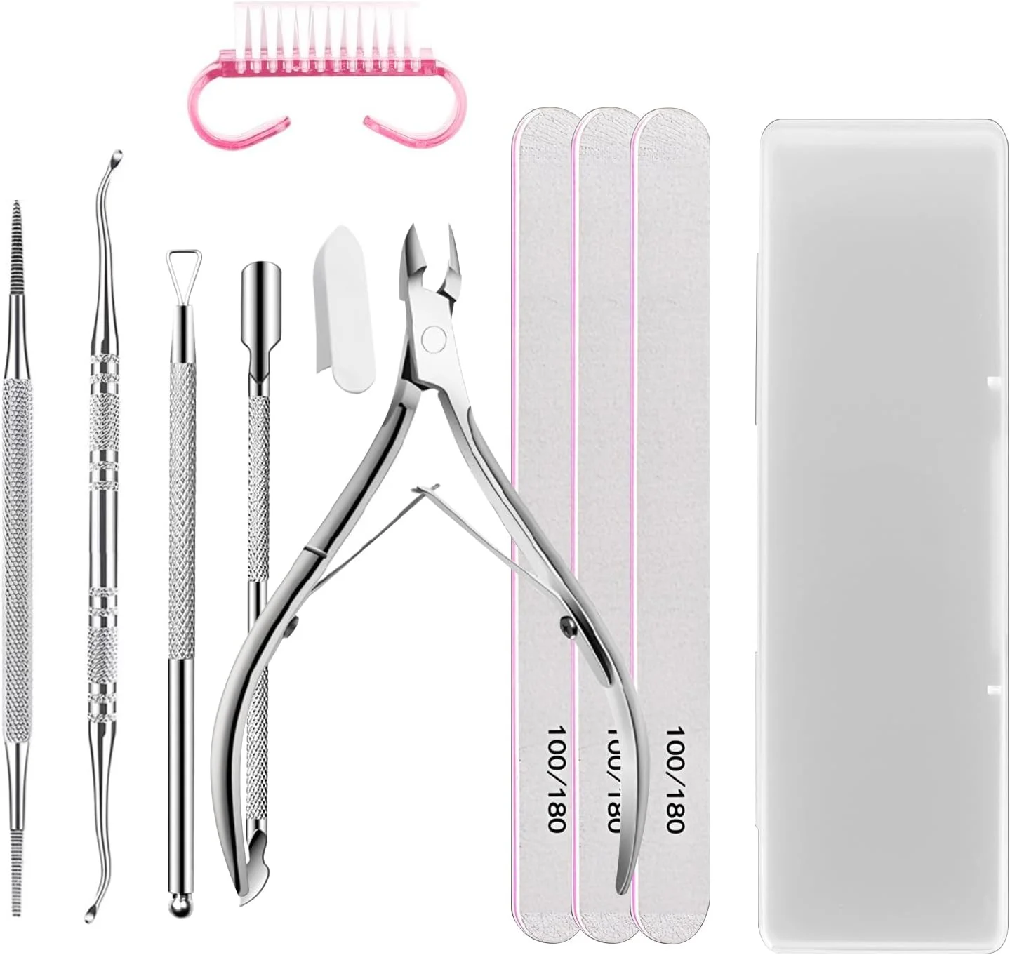 ست سوهان ناخن 9 تکه، سوهان ناخن حرفه ای با عقب زننده کوتیکول، فولاد ضد زنگ، سوهان ناخن برای ناخن های ژلی، بافر سوهان ناخن 100/180، ایده آل برای خانه و سالن