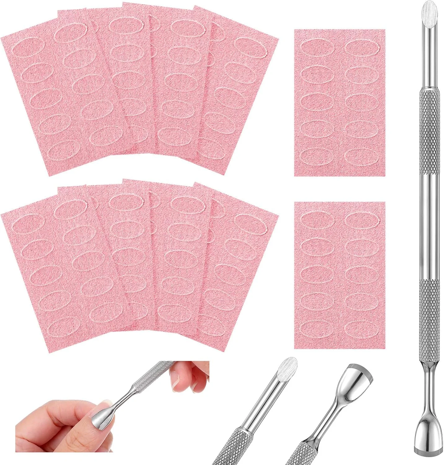 ابزار دو طرفه عقب زن کوتیکول ناخن و 100 عدد سمباده 180 گریت خودچسب، ابزار مانیکور و پدیکور استیل ضد زنگ برای آماده سازی قبل از لاک