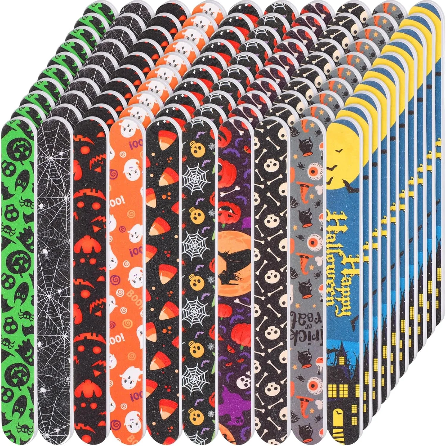 100 عدد سوهان ناخن با طرح هالووین، هدیه ای برای بانوان، سوهان ناخن بزرگ 7 اینچی، مناسب برای ناخن های طبیعی، دو طرفه، درجه زبری 180، با طرح های کدو تنبل، خفاش، عنکبوت و جمجمه، ابزار مانیکور برای مهمانی