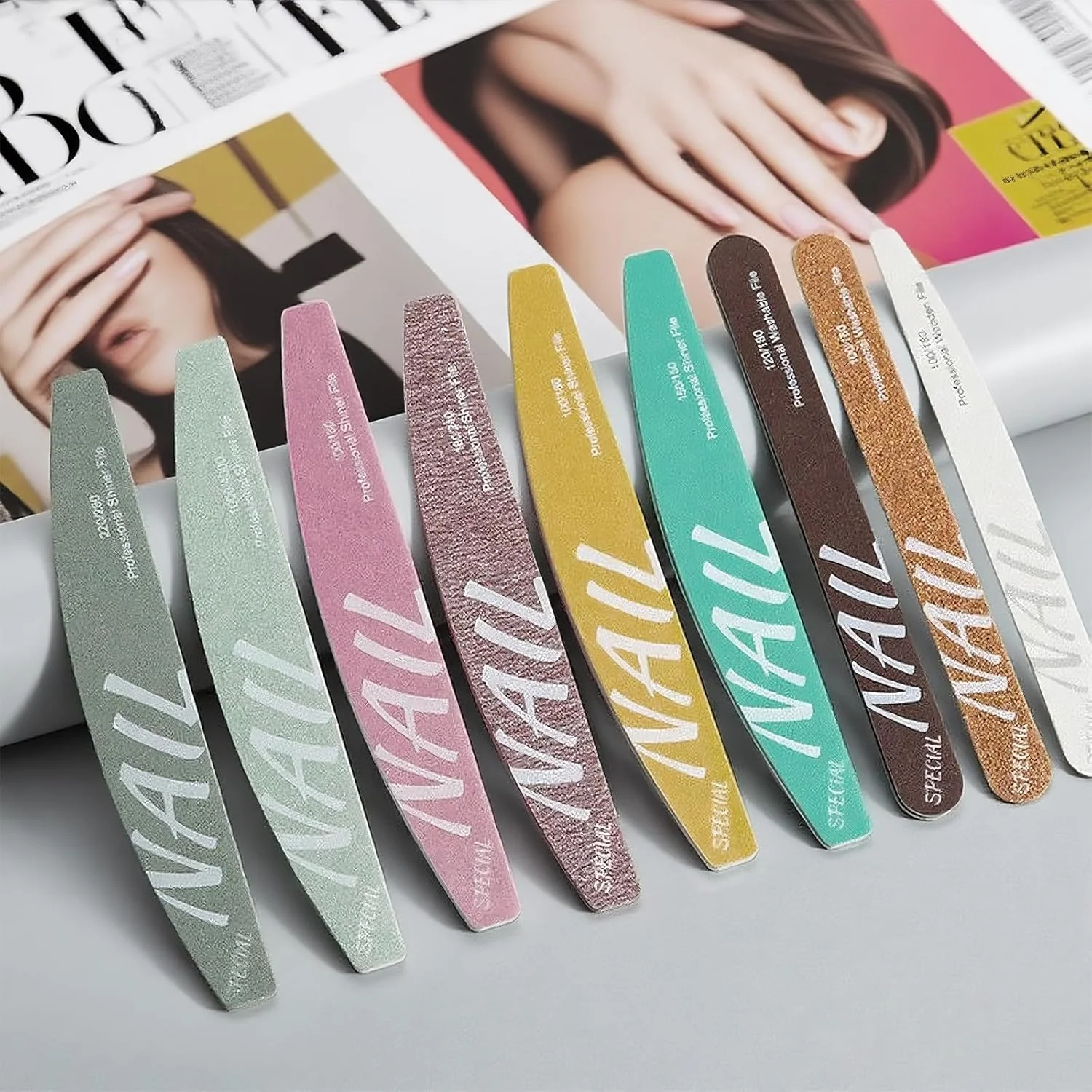 سوهان ناخن، 9 عدد سوهان سمباده ای برای ناخن، عالی برای ناخن های طبیعی، شکل دهی ملایم، سوهان ناخن صاف کننده برای خانم ها