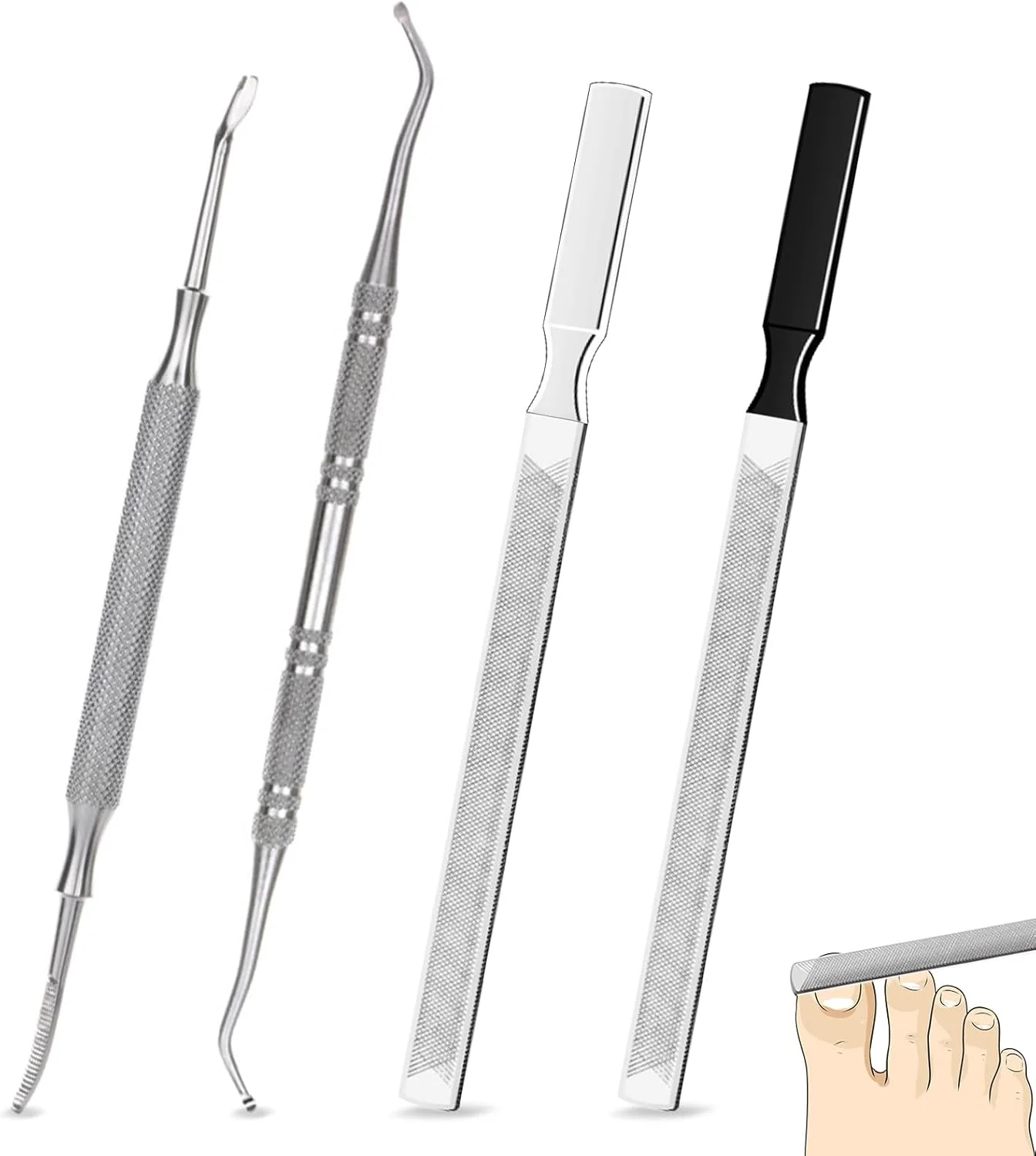 ست ۴ عددی سوهان ناخن و عقب زننده کوتیکول استیل ضد زنگ - سوهان ناخن چهار طرفه سمباده ای برای ناخن های ضخیم، ابزار بادوام فلزی مانیکور و پدیکور، کیت قابل حمل برای نظافت منزل و مسافرت (۱۳ سانتی متر)