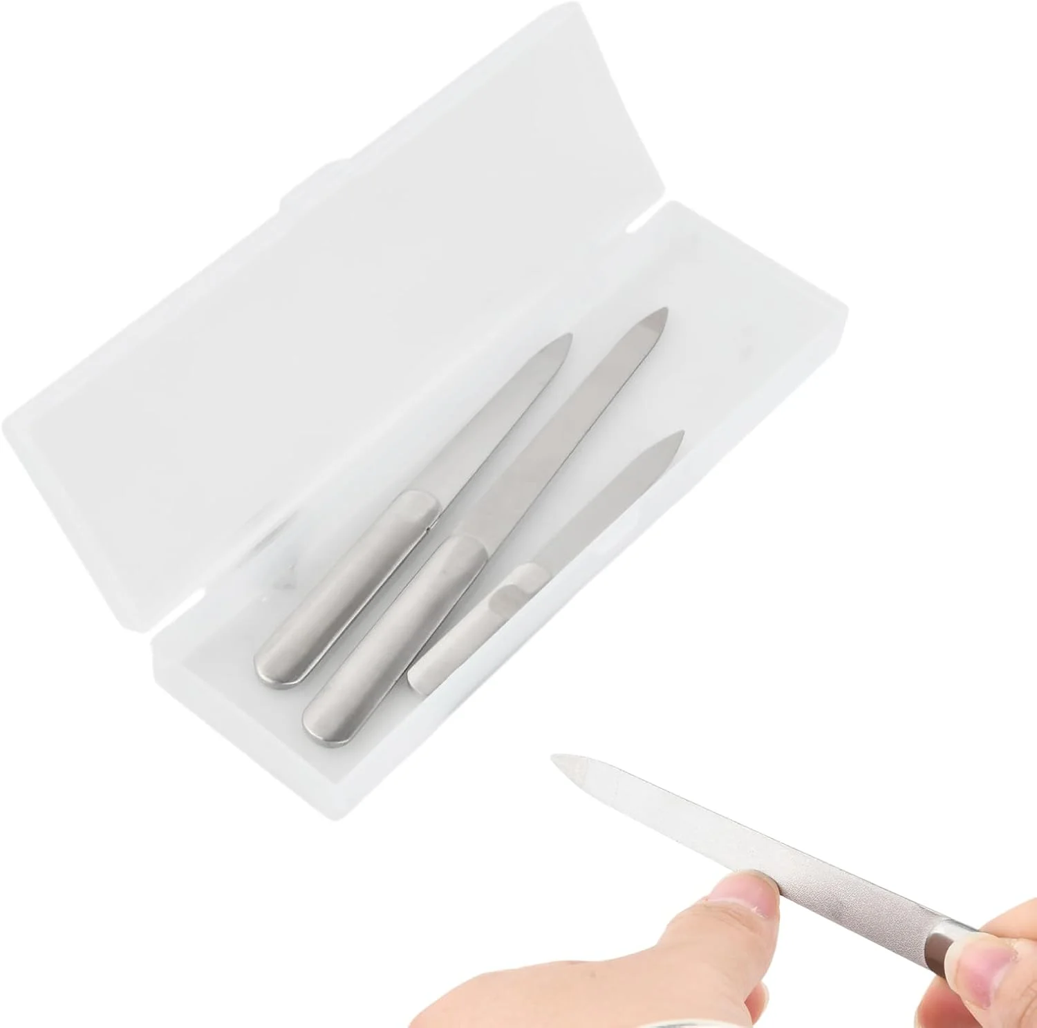 ست ۳ عددی سوهان ناخن استیل ضد زنگ، سوهان ناخن دو طرفه حرفه ای، مناسب برای همه، ست سوهان ناخن خمیده با نوک تمیز کننده، برای مانیکور و پدیکور، نقره ای