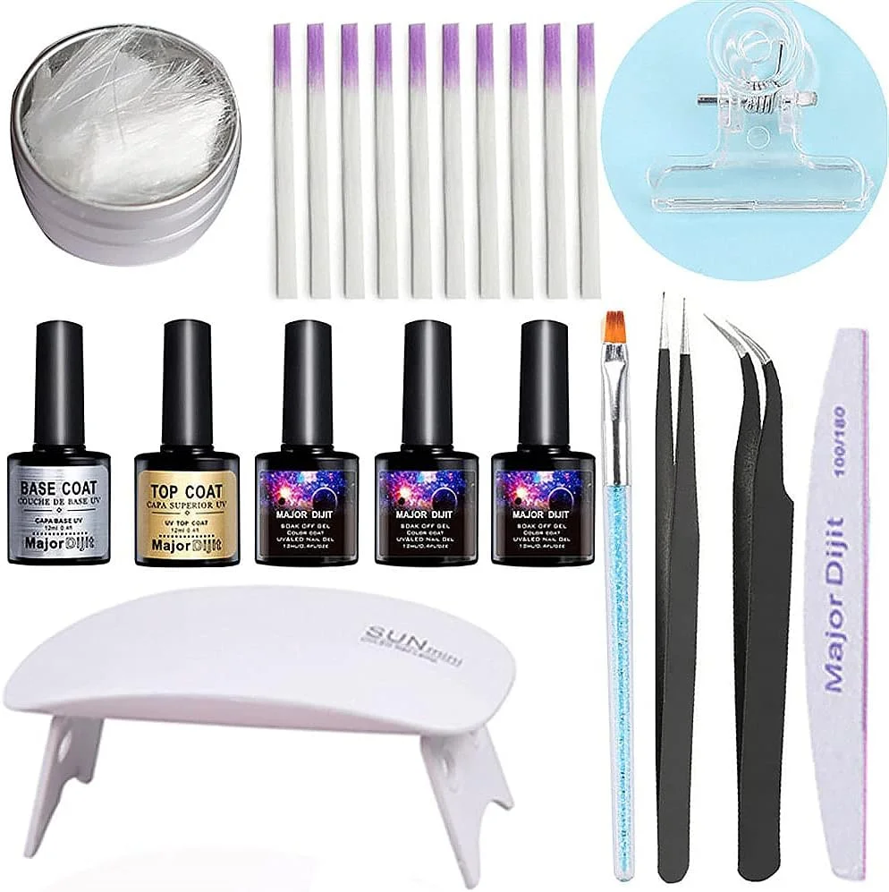 ست فیبر شیشه ای برای کاشت ناخن به همراه موچین، سوهان، گیره، قلم UV، بیس کت، تاپ کت، ژل فیبر و لامپ UV، مناسب استفاده حرفه ای و شخصی، استفاده آسان، بدون بو، چسبندگی بالا