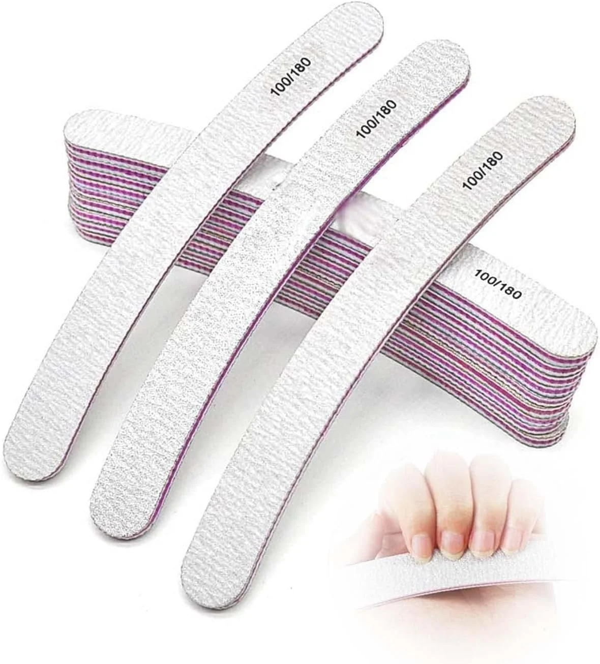 سوهان ناخن حرفه ای با درجه زبری 100/180، مدل هلالی - سمباده دو طرفه قابل استفاده مجدد برای ناخن های اکریلیک، ژل و طبیعی - ابزار بادوام مانیکور با کیفیت سالنی - بسته 25 عددی برای تکنسین های ناخن