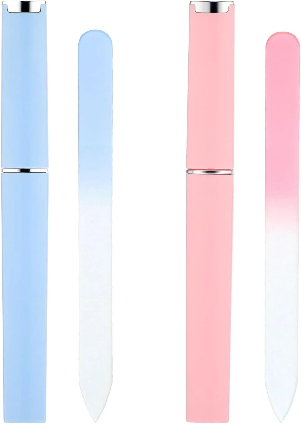 بسته 2 عددی سوهان ناخن شیشه ای برای ناخن های طبیعی، سوهان شیشه ای دو طرفه برای ناخن ها، سوهان ناخن کریستالی با کیف (صورتی + آبی)