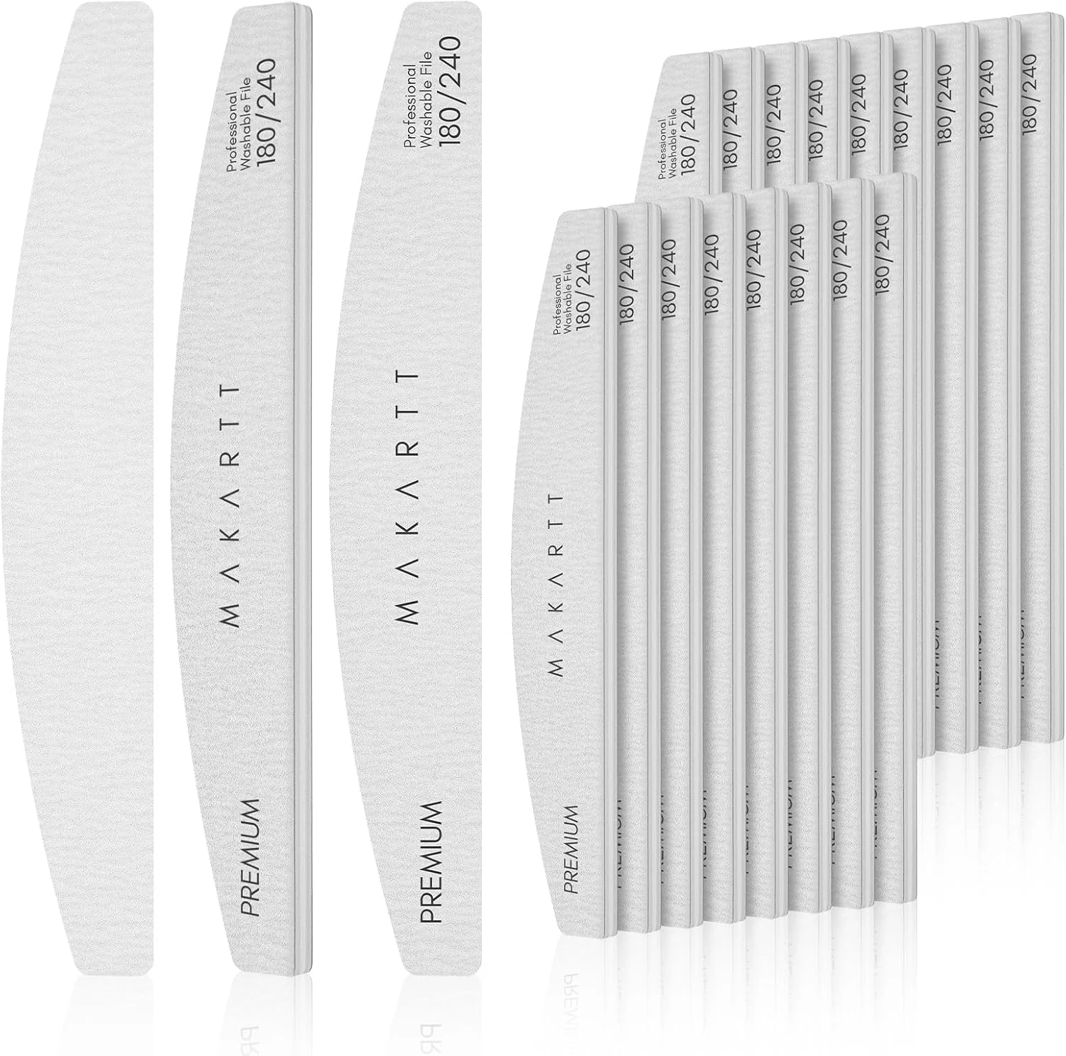 سوهان ناخن ماکارت: سمباده‌ای دو طرفه با درجه زبری 180/240، بسته 20 عددی، مناسب آماده‌سازی و پولیش ناخن‌های طبیعی، قابل استفاده مجدد برای مانیکور در سالن و منزل