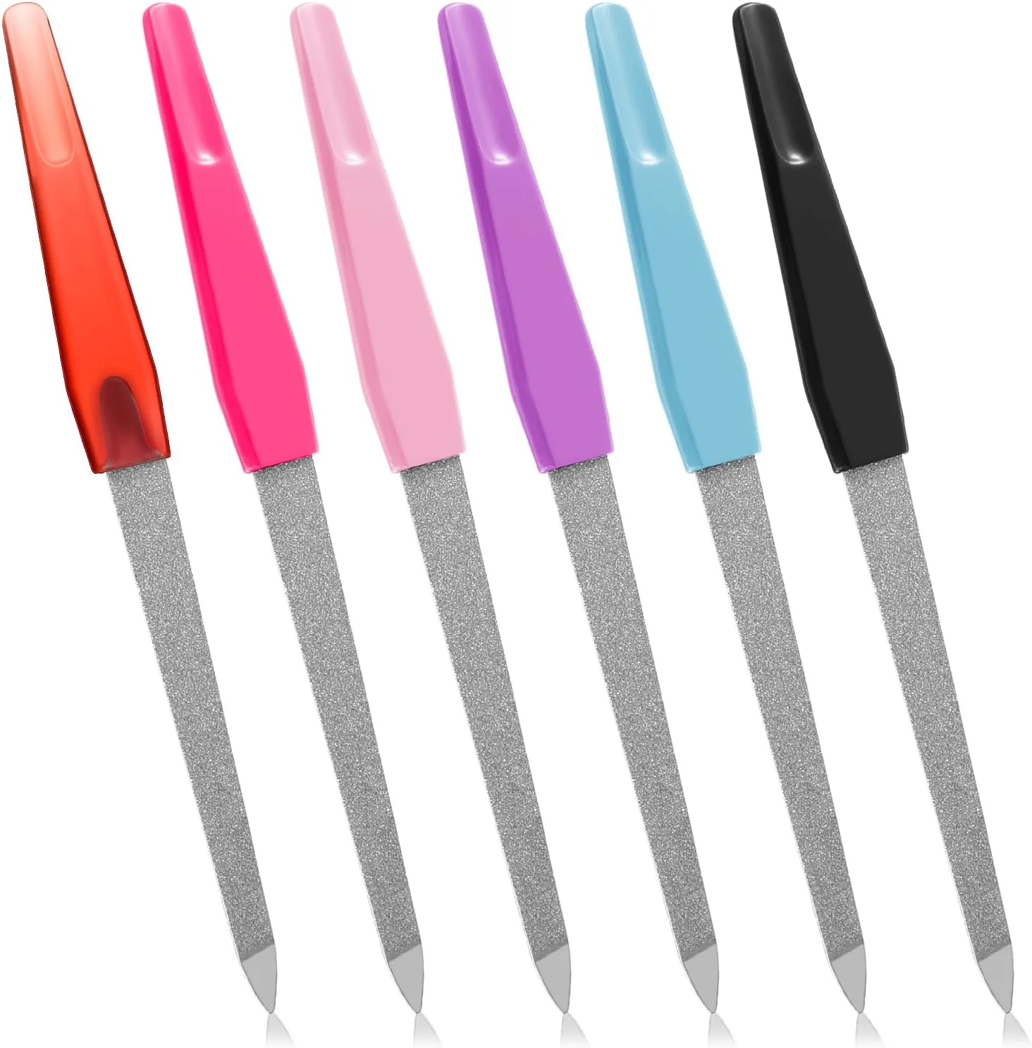 سوهان ناخن 6 عددی برای بانوان، سوهان ناخن فلزی 15 سانتی متری استیل با نوک تیز و دسته ضد لغزش، سوهان ناخن پا الماس رنگی برای ناخن های طبیعی