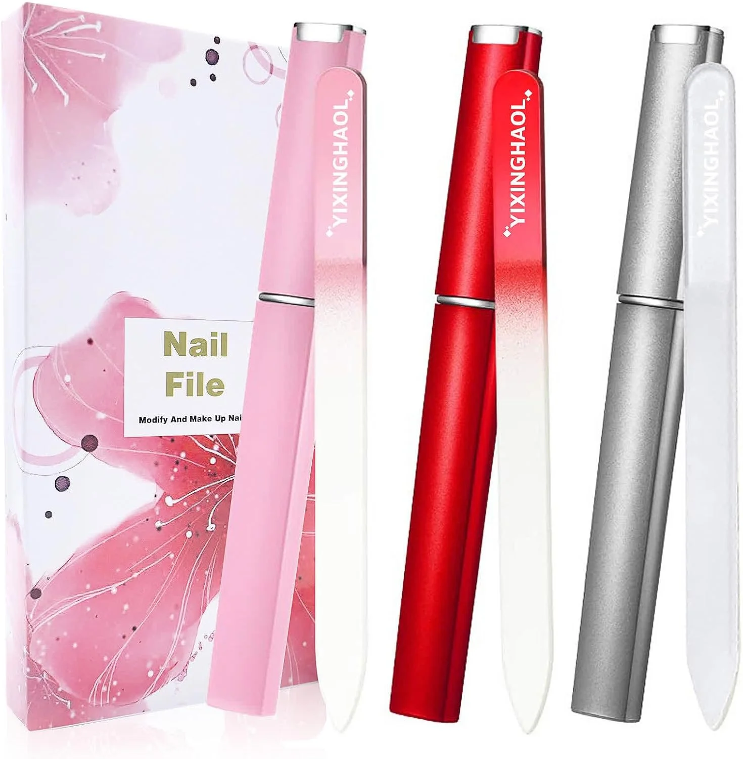 ست ۳ عددی سوهان ناخن شیشه ای با جعبه محافظ - دو طرفه، برای حالت دادن و طراحی ناخن، سوهان شیشه ای قوی برای ناخن های طبیعی و مصنوعی، هدیه برای خانم ها و دختران