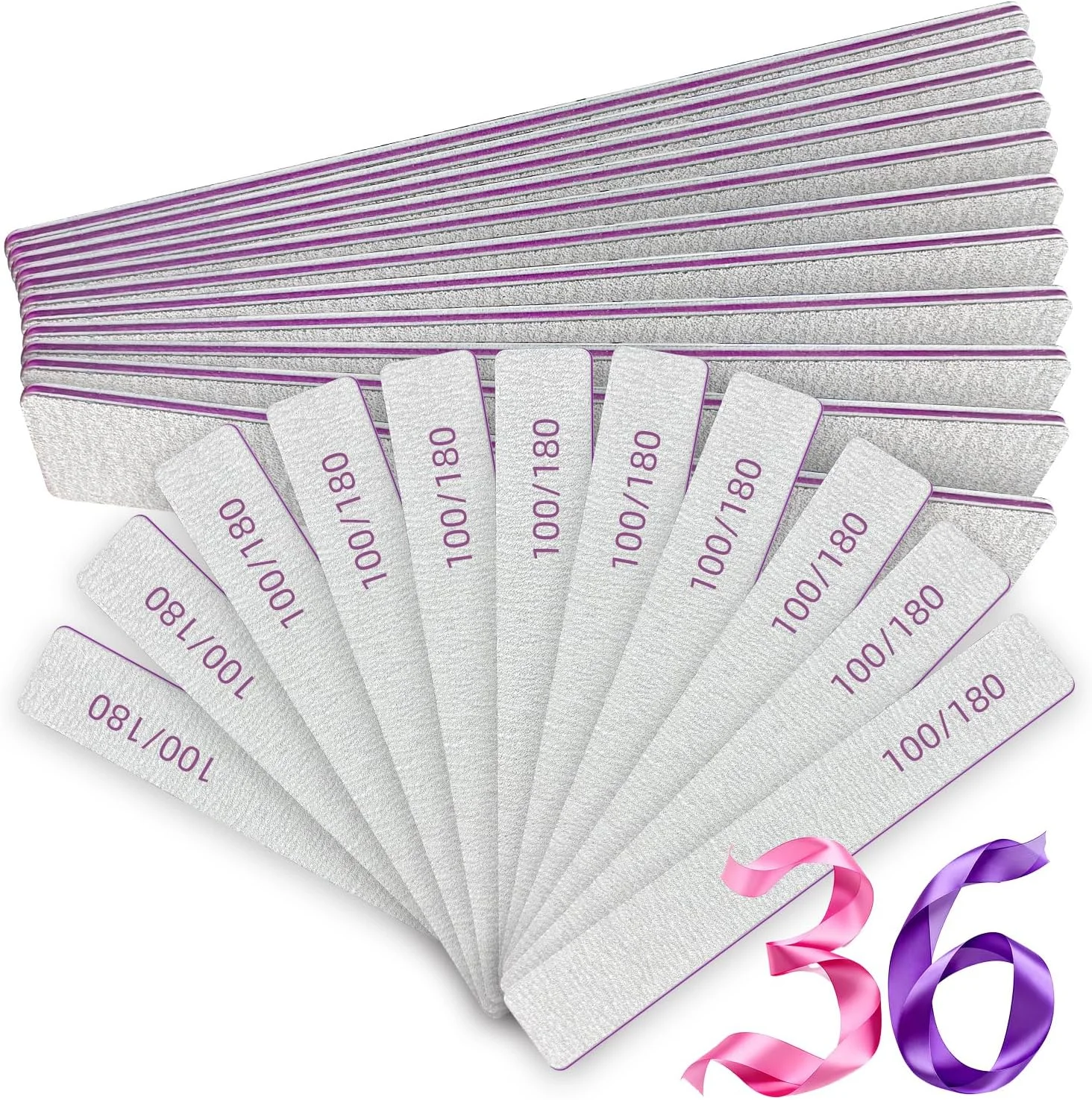 سوهان ناخن (بسته 36 عددی)، سوهان ناخن حرفه ای قابل استفاده مجدد دو طرفه با درجه زبری 100/180، ابزار طراحی ناخن برای استفاده در منزل و سالن، هدیه کریسمس برای بانوان