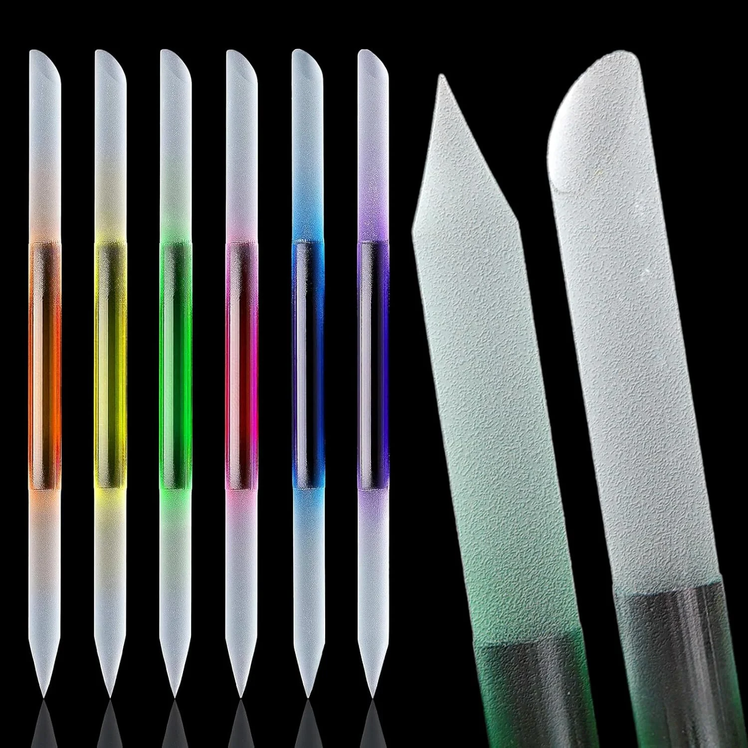 ابزار عقب‌راننده کوتیکول شیشه‌ای دو طرفه 6 عددی، سوهان ناخن شیشه‌ای 6 رنگ برای ناخن‌های طبیعی، قلم حذف کننده پوست مرده کوتیکول ناخن کریستالی