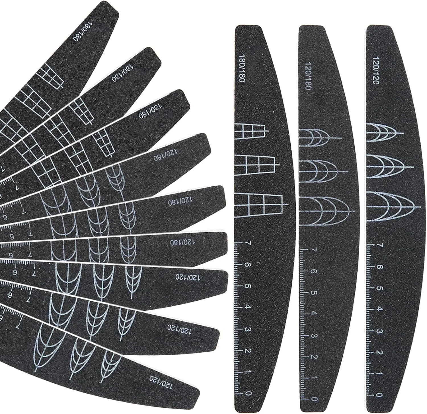 ۹ عدد سوهان ناخن دو طرفه با درجه زبری ۱۲۰/۱۲۰، ۱۲۰/۱۸۰ و ۱۸۰/۱۸۰ به همراه راهنمای تصویری فرم ناخن (مربع، بادامی، بیضی)، سوهان ناخن برای ناخن های طبیعی