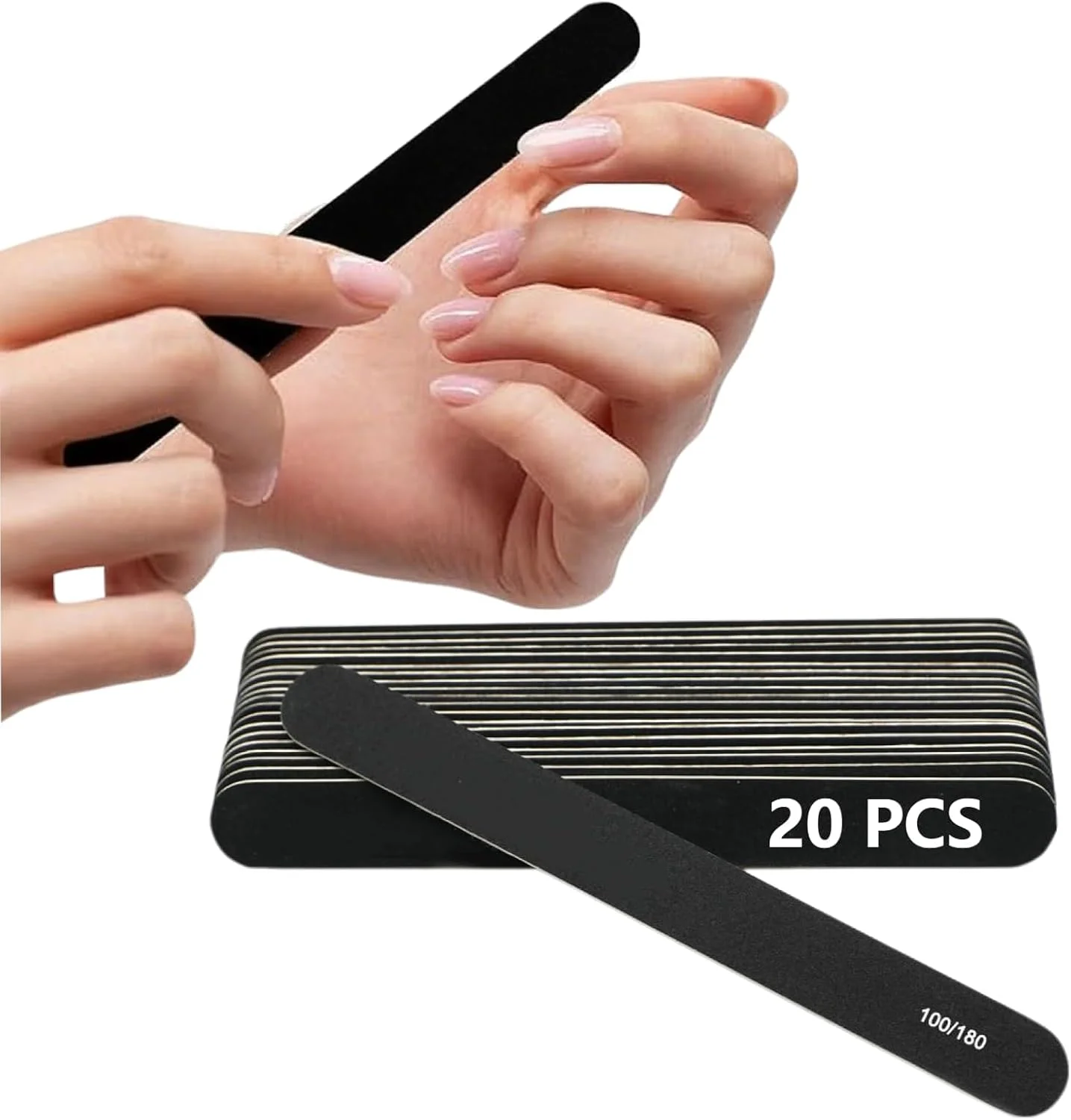 20 عدد سوهان ناخن حرفه ای دو طرفه با درجه زبری 100/180، سوهان سمباده ای مشکی قابل استفاده مجدد، ابزار مانیکور پدیکور برای ناخن های اکریلیک و طبیعی