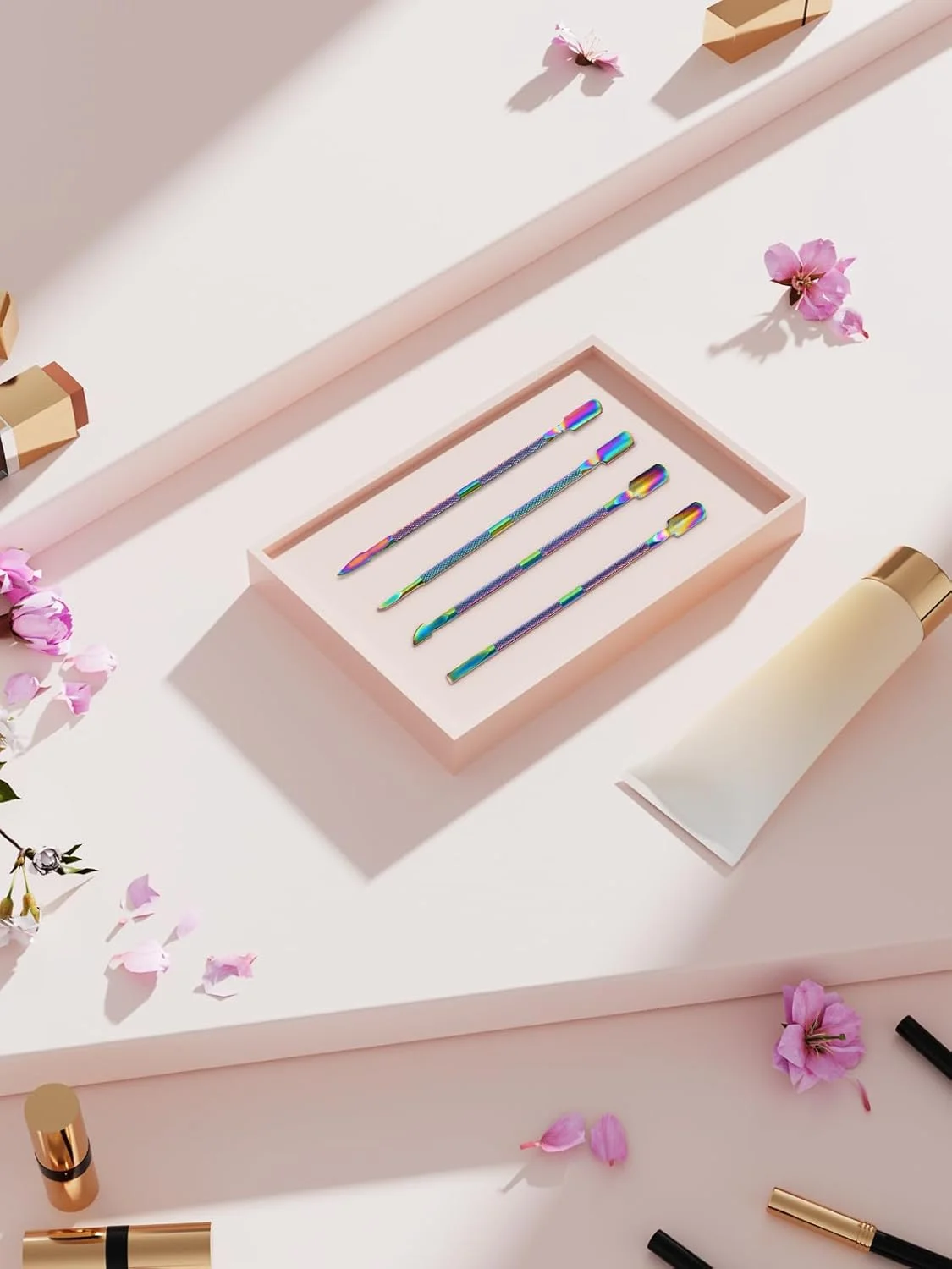 ست عقب زن کوتیکول و پاک کننده لاک ناخن - ابزار مراقبت از ناخن استیل ضد زنگ گرادیانی 4 تکه - عقب زن کوتیکول، خراشنده ناخن و بافر برای مانیکور و پدیکور