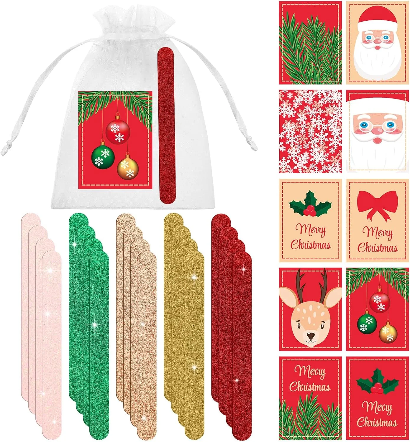 20 عدد سوهان ناخن اکلیلی کریسمس با کارت و کیسه ارگانزا، سوهان ناخن دو طرفه رنگارنگ، ابزار مانیکور و پدیکور ناخن انگشت دست و پا، هدیه برای زنان
