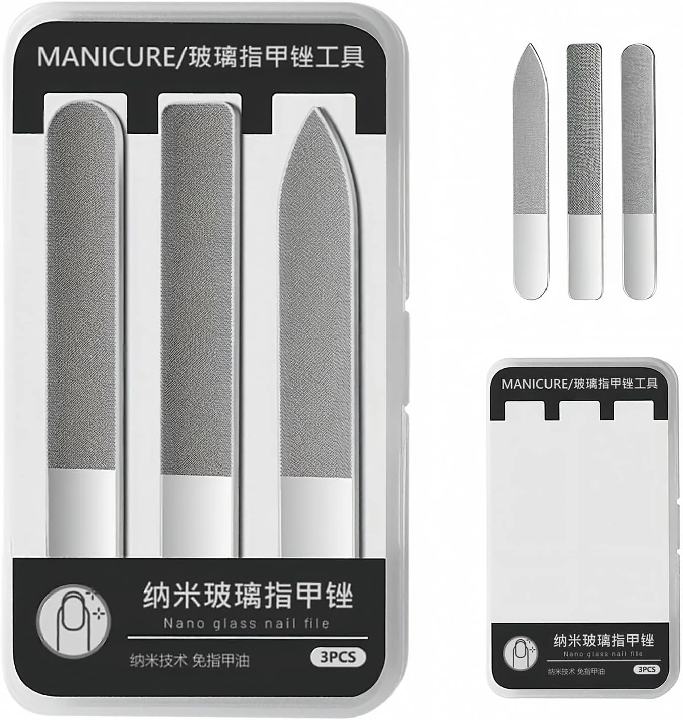 سوهان ناخن شیشه ای - شیشه نانو با تراکم بالا، جمع و جور و قابل حمل، قابل شستشو در ماشین ظرفشویی، برای مراقبت از ناخن در خانه و مسافرت، ایده آل برای خانم ها و متخصصان مانیکور - 3 شکل (9 سانتی متر)