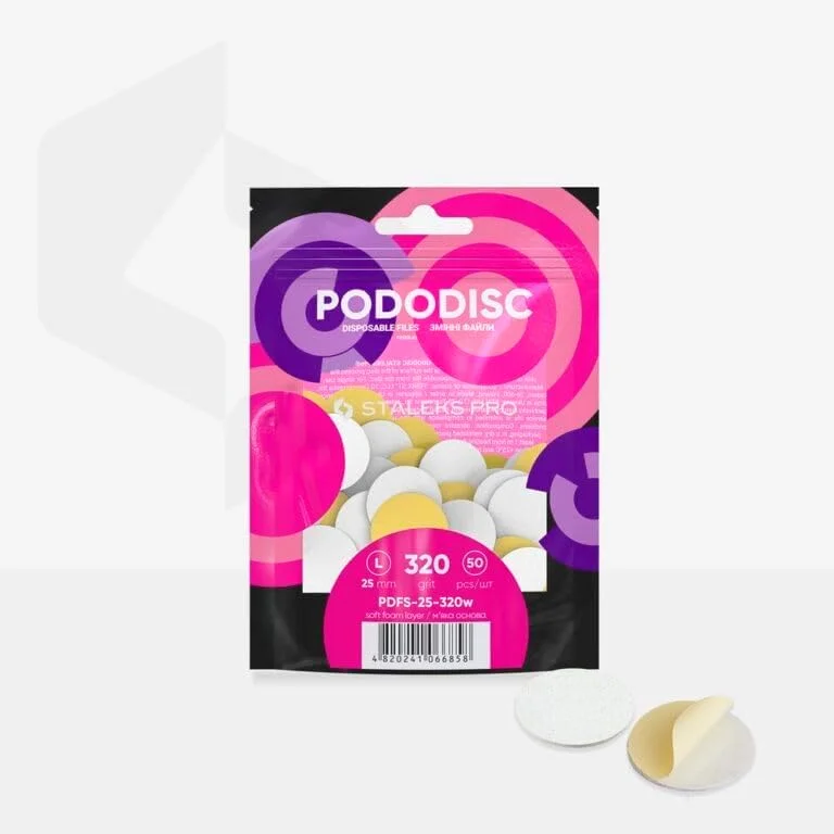 دیسک های سمباده ای نرم خود چسب STALEKS PRO Pododisc، بسته 50 عددی، قطر 25 میلی متر، مناسب دستگاه فرز ناخن، درجه زبری 320