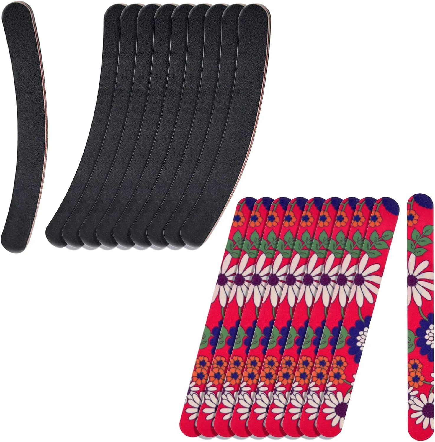 ست ۲۰ عددی سوهان ناخن دو طرفه، سمباده ای بادوام و قابل استفاده مجدد، هلالی، با درجه زبری ۱۰۰/۱۸۰ طرح آفتابگردان و ۱۸۰/۲۴۰ مناسب منزل و سالن