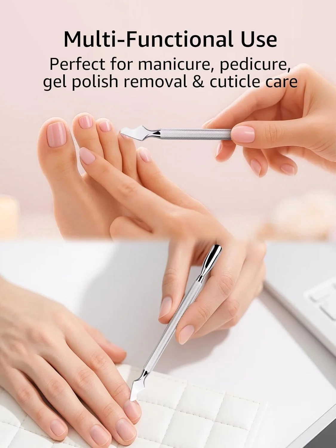 ابزار دو منظوره عقب زننده کوتیکول و تمیز کننده ناخن، ساخته شده از استیل ضد زنگ، ابزاری بادوام برای مانیکور و پدیکور ناخن های دست و پا