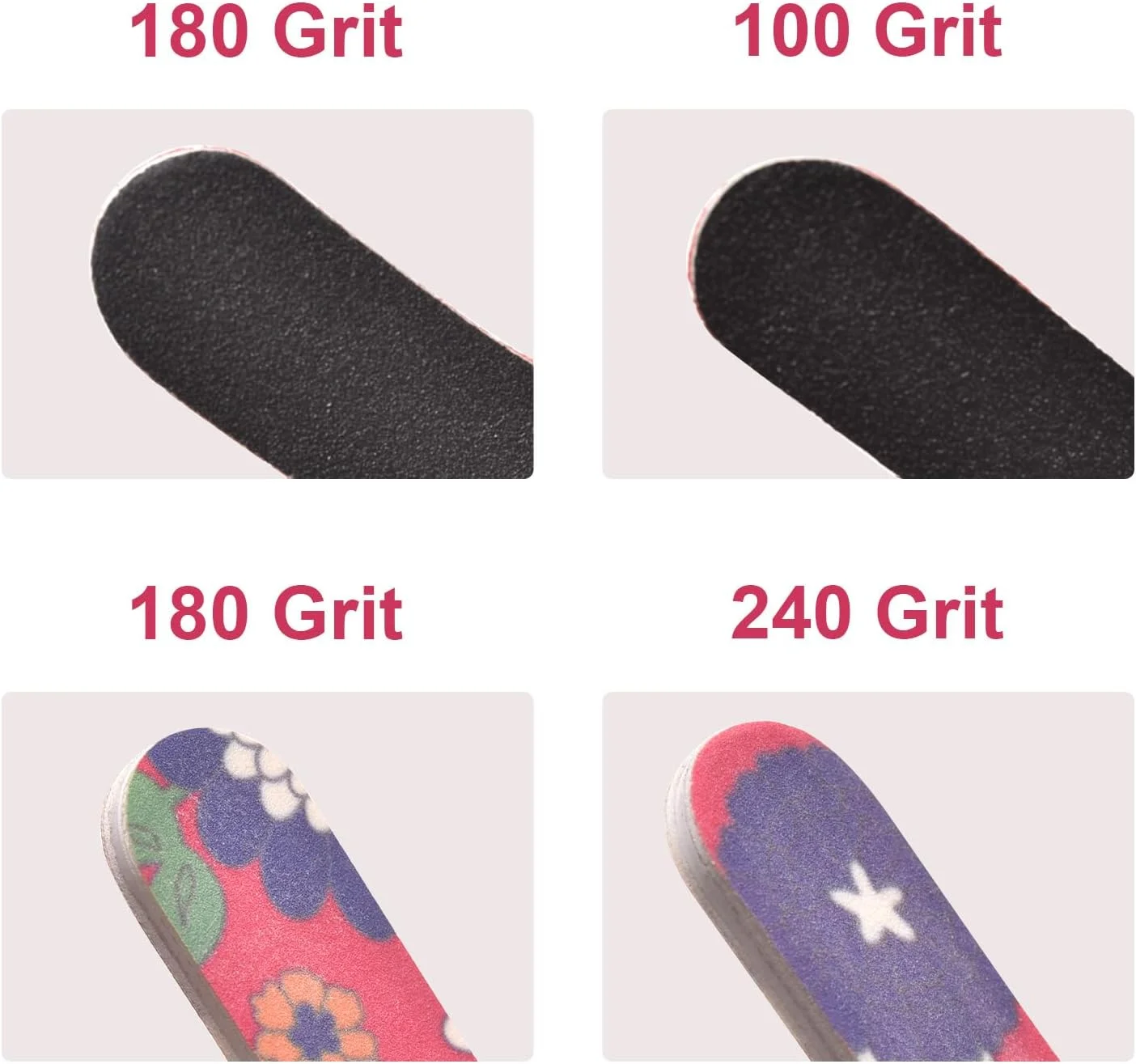 ست ۲۰ عددی سوهان ناخن دو طرفه، سمباده ای بادوام و قابل استفاده مجدد، هلالی، با درجه زبری ۱۰۰/۱۸۰ طرح آفتابگردان و ۱۸۰/۲۴۰ مناسب منزل و سالن