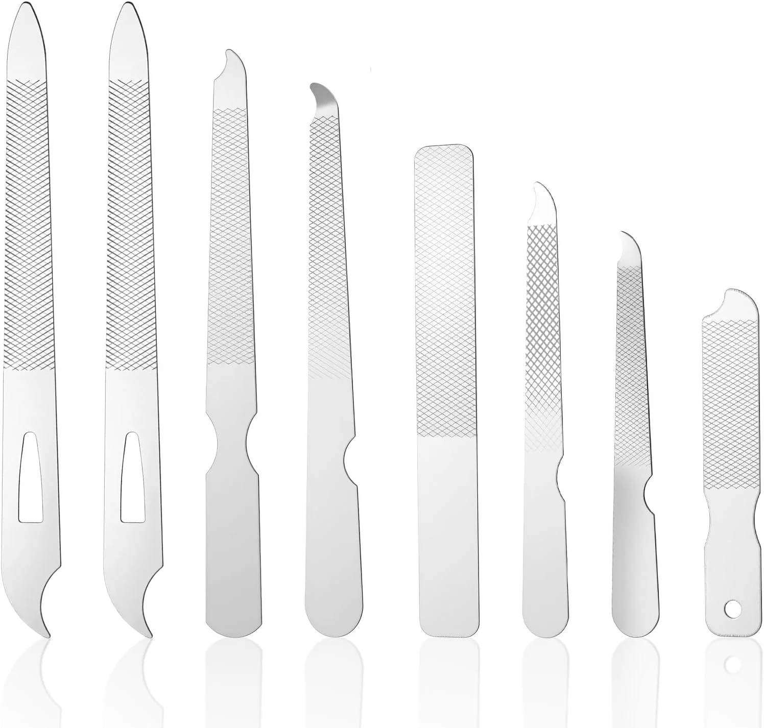 ست ۸ عددی سوهان ناخن فلزی، سوهان ناخن فلزی دو طرفه، سوهان ناخن نازک استیل بادوام، برای مانیکور سالن و منزل، نقره ای